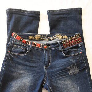Desigual Exotic Jeans Women's Size 28/6 Blue Distressed Embroidered Straight Leg